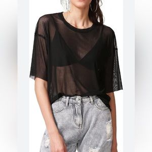 Trendy Lace Mesh Black Short Sleeve Elegant Tee Size Small Women’s US